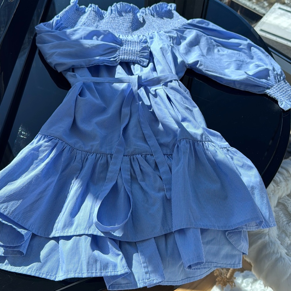 Pinstripe blue/white off-the-shoulder dress